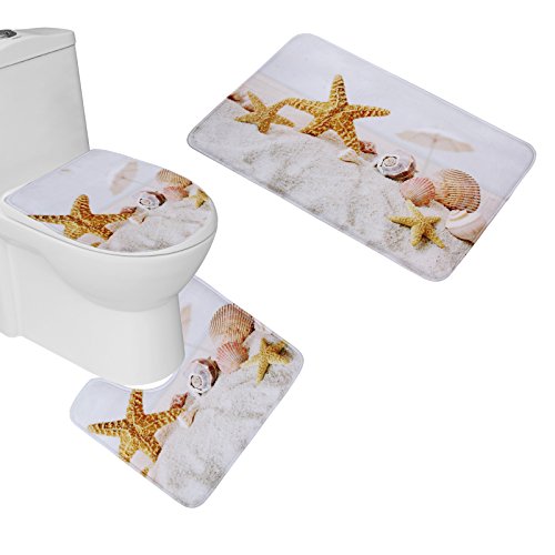 Amagical 16 Pieces Shower Curtain Set Bath Mat Set Contour Mat Toilet Cover Yellow Starfish Seashells Print Shower Curtain With 12 Hooks #TOP1