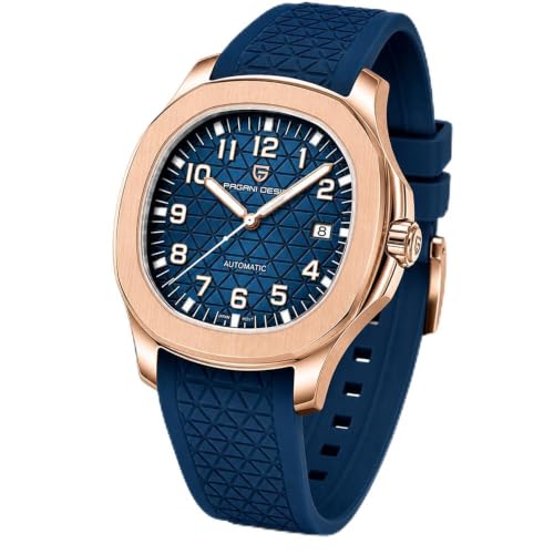 Pagani Design Automatik Herrenuhr Miyota 8215 Mechanisches Uhrwerk 41mm Edelstahl Analog Armbanduhren für Herren Synthetisches Saphirglas Zifferblatt 100M Wasserdicht Kautschukband Datumautomatik