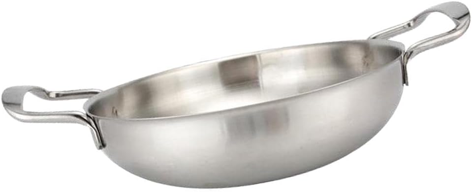 Spanish Style Stainless Steel Paella Pan -, Fast Heating, Stick - for Camping and Home Cooking - Mini Hot Pot Cookware - Silver 22cm