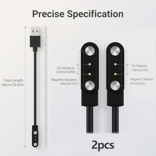 TASSFROO 2 Stück Smartwatch Ladekabel Magnetisch 2 Pin USB, Universal Ladekabel Uhr 60cm Set, Magnetisches Ladekabel Kompatibel Mit Fitness Tracker, Smart Watch Zubehör