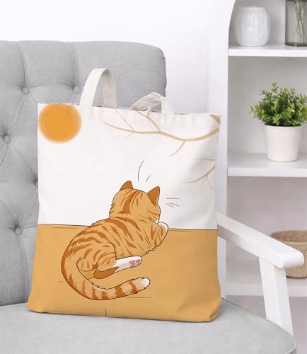 Image of Cute Cat Canvas Tote Bag for Women, Aesthetic Reusable Shoulder Bag for Shopping Travel Work