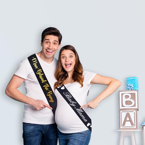 "Man Behind The Bump" Funny Baby Shower Sash for Daddy to Be, Baby Shower Party Decorations Gifts Supplies Dad to Be Baby Gender Reveal Ideas New Father Favors (Black and Gold) — view 2