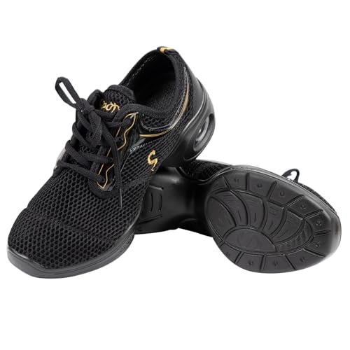 Linodes Women's Breathable Mesh Upper Jazz Dance Sneaker with Split Sole and Air Cushion Dance Multifunctional Walking Shoes Anti-Slip-Black-6.5M