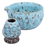 HuhWafee Cuenco japonés de cerámica de 2 piezas con soporte para batidor, capacidad de 450 mlein, juego perfecto para ceremonias de Chawan, cuenco de té Matcha para principiantes, amantes de bricolaje