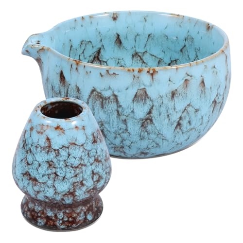 HuhWafee Cuenco japonés de cerámica de 2 piezas con soporte para batidor, capacidad de 450 mlein, juego perfecto para ceremonias de Chawan, cuenco de té Matcha para principiantes, amantes de bricolaje