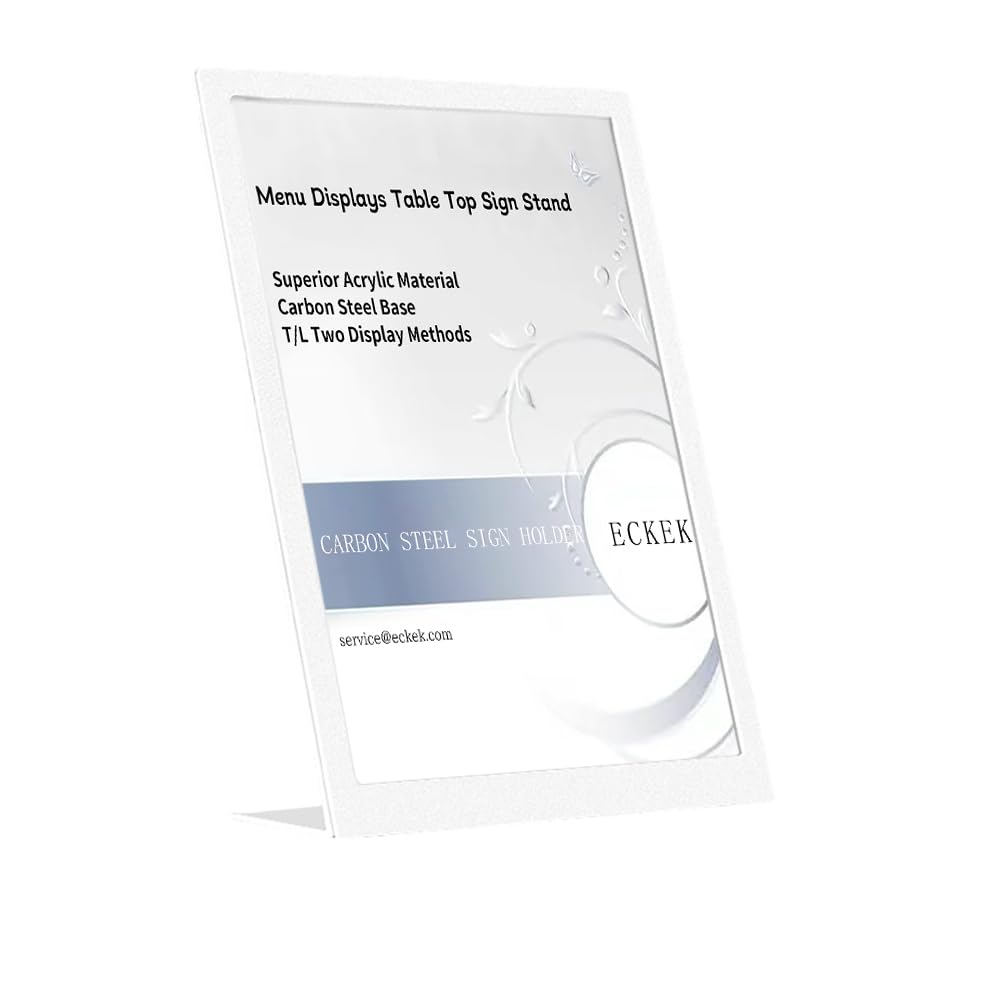 ECKEK Carbon Steel Sign Holder, Slanted Menu Displays, Table Top Sign Stand (L Shape White A5 148×210mm/ 5.83×8.27 inches)