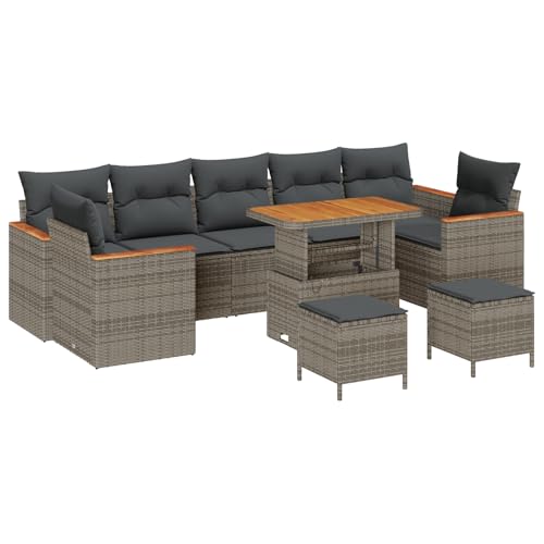 vidaXL Juego de Sofás de Jardín de 10 Piezas con Cojines Gris Poliratán Acacia, Juego de Comedor de Jardín de 3 Piezas con Cojines Gris Poliratán Acacia