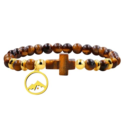 Uloveido Simple and Generous Cross Mustard Seed Bracelet, Tiger Eye Stainless Steel Beaded Bracelet, Men's and Women's Bracelet, Valentine's Day Gift, Birthday Gift Y2643 (Tiger eye)
