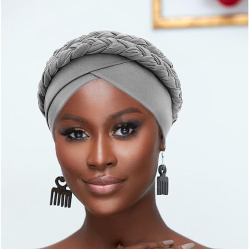 Image of DRESHOW African Women Turban Caps Beanie Twist Headscarf Pre-Tied Double Twisted Braid Hair Cover Wrap Hat Chemo Cancer Cap