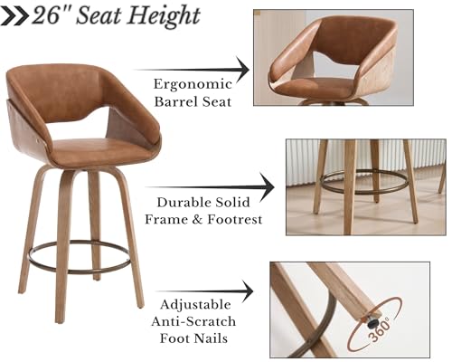 Image of HNY 26'' Modern Barrel Swivel Counter Stools Counter Height Swivel Bar Stools with Backs Set of 6, Brown Faux Leather Bar Height stools, Farmhouse Solid Wood Barstools for Kitchen Island, Home Bar