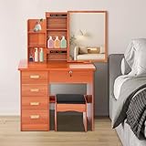 Tocador con espejo, mesa de maquillaje con 5 cajones, 80 × 35 × 128 cm,...