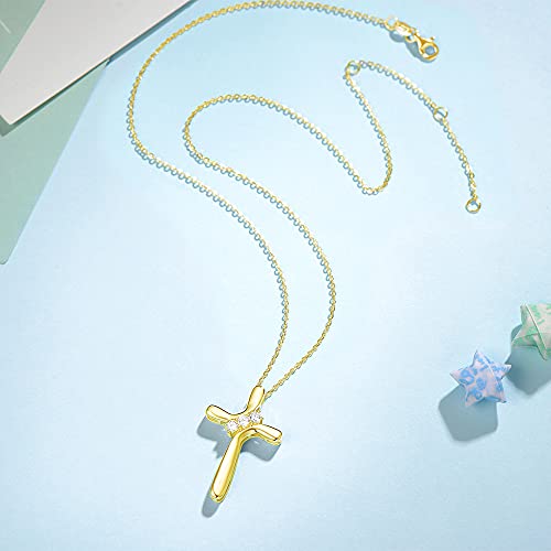 FANCIME Yellow Gold Plated 925 Sterling Silver Cross Elegant Ribbon Pendant Necklace with Cubic Zirconia Jewelry Gifts for Women, Loster Clasp 18-INCH - Image 5