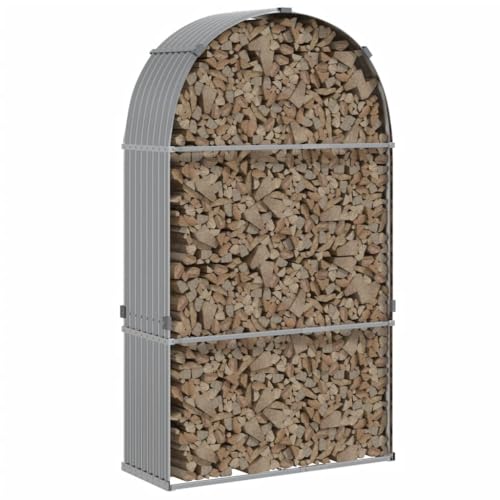 ACAGALA Soporte para leña de chimenea de metal, 120 x 45 x 210 cm, estantería para leña exterior, almacenamiento de leña, acero galvanizado, gris claro