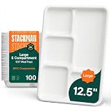 100% Compostable, Large 5 Compartment, Disposable Tray [100-Pack] - [12.5 Inch] Heavy Duty Biodegradable Bagasse Sectional Lunch Trays + Dividers - Divided Platter - (PFAS Free) (BPA Certified)