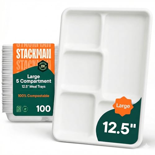 100% Compostable Large 5 Compartment Disposable Tray [100-Pack] - [12.5 Inch] Heavy Duty Biodegradable Bagasse Sectional Lunch Trays + Dividers - Divided Platter - (PFAS Free) (BPA Certified)