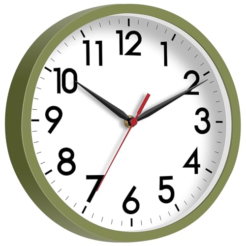 Image of AKCISOT Wall Clock 8 Inch Silent Non-Ticking Modern Clocks Battery Operated - Analog Small Classic for Office, Home, Bathroom, Kitchen, Bedroom, School(Olive Green)