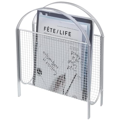Listado de Cestos revisteros - los preferidos. 43 MyGift - Revistero Organizador de diseño de Moderno Mediados de Siglo, con Malla metálica de Tono Plata Mate, Estante para revistas Mesa o Piso de Malla para revistas,...