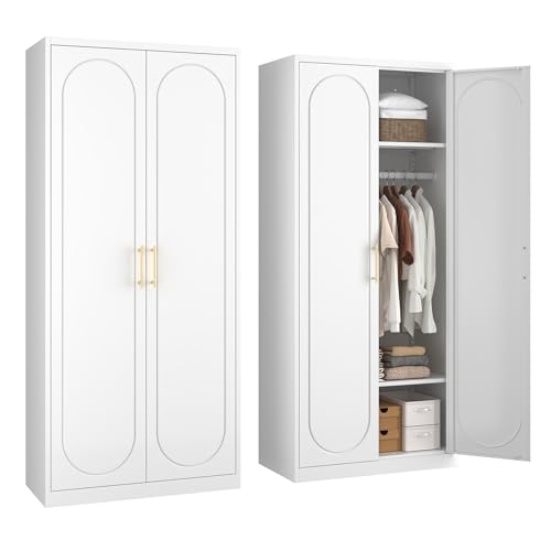 SteeLoong 71\" Metal Armoire Wardrobe Closet with Doorsï¼ŒTall Clothing Storage Cabinet with Adjustable Shelves and Hanging Rod,White Wardrobe Closet for Bedroom,Home,Office,Gym
