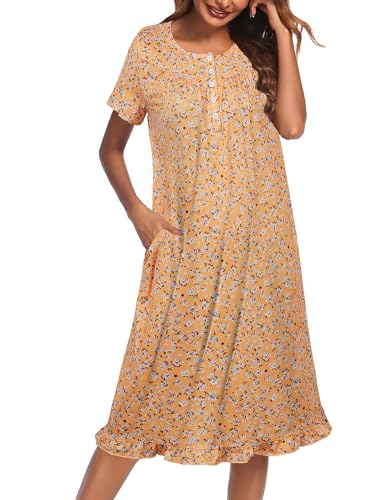 Image of Ekouaer Nightgowns for Women with Pockets Button Front Short Sleeve House Dresses Floral Print Mumu Dress