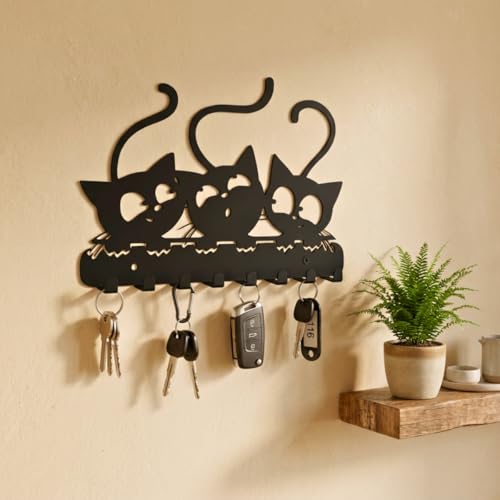 Image of Meet DECOR Metal Cat Family Design Key Holder with 8 Hooks | Decorative Wall Mounted Key Rack for Home, Entryway, Kitchen & Office | Organizes Keys, Accessories & Small Items