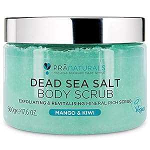 PraNaturals Verfrissende lichaamscrub uit de Dode Zee, 500 g, 100% biologisch, voedzame huidpeeling, zoutpeeling, rijk aan natuurlijke mineralen voor alle huidtypes, met mango en kiwivruchtolie