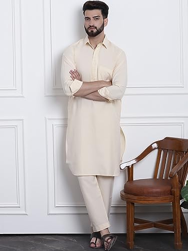 Image of SOJANYA Men's Cotton Silk Pathani Kurta Set with Wide Leg Straight Fit Salwar