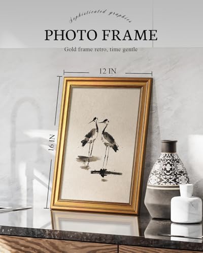 Image of VIYYIEA Vintage Gold Framed Wall Art for Living Room, Two Cranes Canvas Prints Home Decor, Ink Painting Picture, Bedroom Wall Decor Gifts for Friends or Family -【Two Cranes】-(16L x 12W)