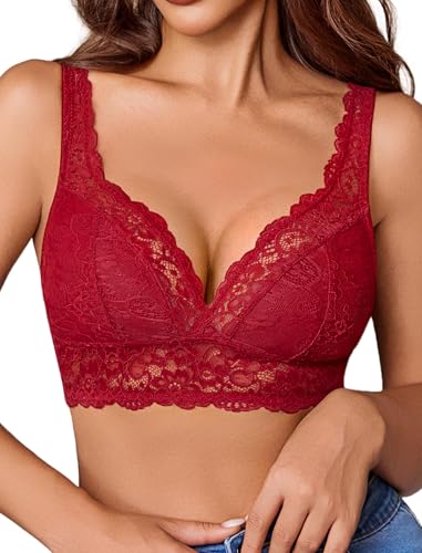 Avidlove Sujetador minimizador de Encaje para Mujer – Bralette Sexy sin Aros ni Relleno, con Escote en V – Sujetador Push-up Transpirable para Uso Diario – Lencería de Encaje de Copa Completa RojoM