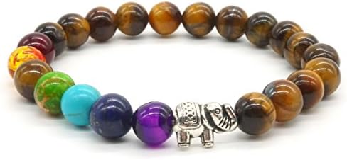 Zhubling 7 Chakras Gemstone Bracelet Lava Stone with Tiger Eye and Elephant Crystal Reiki Healing Balancing Round Beads