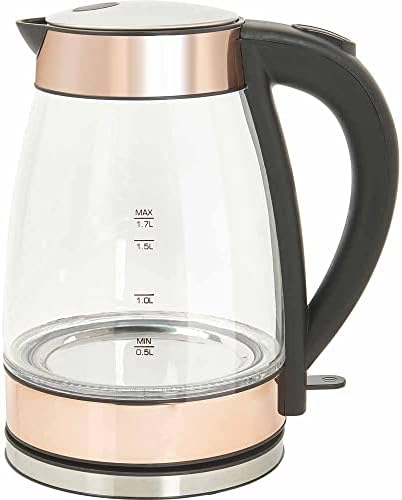 wilko Copper Glass Fast Boil Kettle, Swivel Base, Water-level Indicator, Temperature Gauge, Boil-dry Feature, 1.7L
