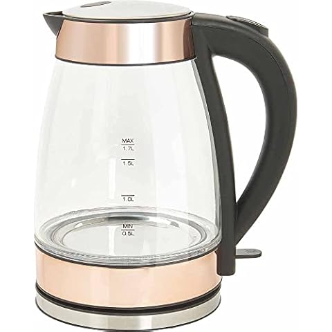 wilko Copper Glass Fast Boil Kettle, Swivel Base, Water-level Indicator, Temperature Gauge, Boil-dry Feature, 1.7L Cover