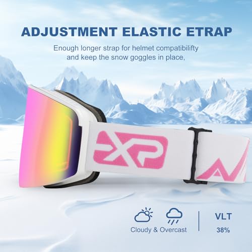 EXP VISION Ski/Snowboard Goggles, Magnetic Lens Snow Goggles with Anti-Fog & UV400 Protection for Men & Women (White Frame-Pink) - Thumbnail 6