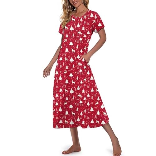 Marvmys Womens Long Cotton Nightgown Short Sleeve Nightshirt O Neck Sleepwear Full Length Sleepshirt with Pockets S-3XL Christmas Red Tree Small