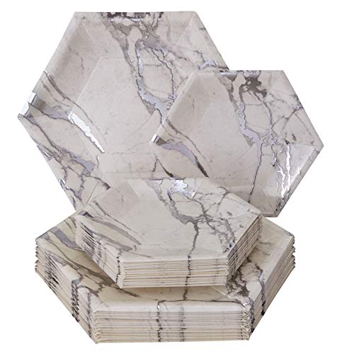 PARTY DISPOSABLE 432 PC DINNERWARE SET | 216 Dinner Plates | 216 Side Plates | Heavyweight Paper Plates | Hexagon Design | for Upscale Wedding and Dining (Marble Collection â€“ Silver)