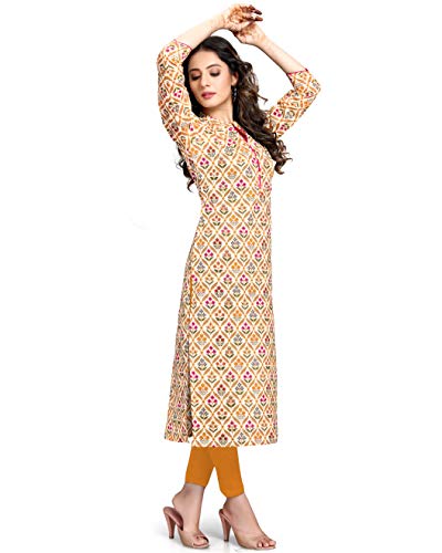 Image of Rajnandini Women's Pure Cotton Straight Fit Casual Coloured Cambric Jaipuri Printed Kurti