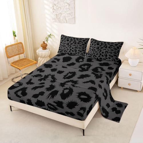 Homewish Juego de ropa de cama con estampado de guepardo para cama doble, diseño de leopardo, color negro y gris, piel de safari, sábana bajera ajustable de 4 piezas