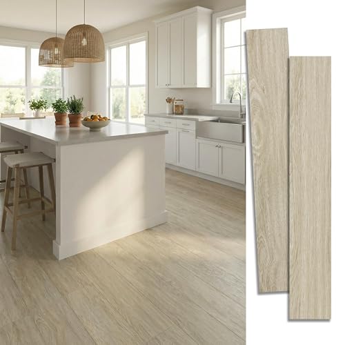 VIVIDCOZYTILE Waterproof Peel and Stick Floor Tile, 54 Sq.Ft Washed Beige Vinyl Wood Flooring, Easy DIY-Install & Durable for Kitchen, Bedroom, Bathroom, RVs, Rental-Friendly (36-Planks 6"x36")