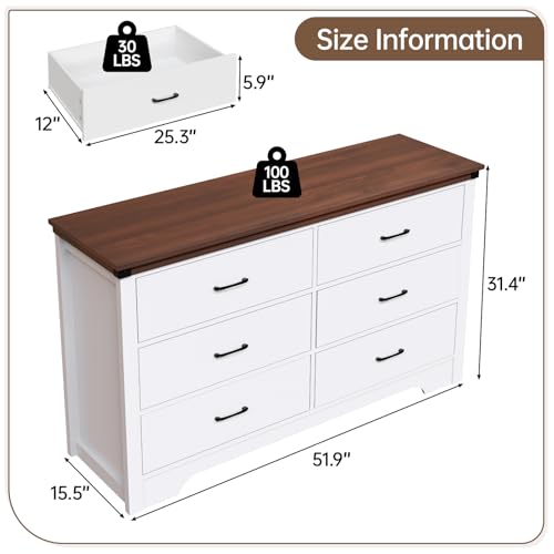 Farmhouse 6 drawer dresser for bedroom, 51\" Wide chest of drawers, Wood white dresser with Metal Handle and Anti-Tipping Device, Storage Dressers Organizer for Bedroom, Living Room, Hallway, White