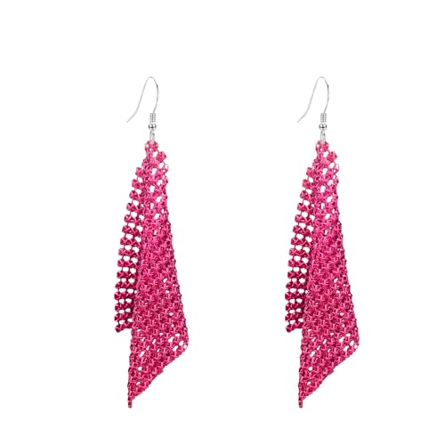 YNDVAC Sequin Earrings for Women Metal Mesh Grid Sequins Tassel Long Drop Dangle Earrings Trendy Charms Bridal Wedding Jewelry (Rose Red) by YNDVAC - Used condition - US$6.44