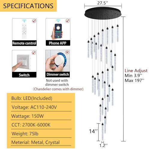 Image of 197 inch Long High Ceiling Chandelier 30-Lights Modern Bubble Crystal LED Light Fixture Dimmable Flush Mount Living Room Ceiling Pendant Light Staircase Foyer Entryway Dining Room Pendant Lighting