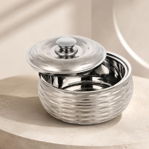 Image of CLASSIC ESSENTIALS Double Wall Insulated Stainless Steel Ripple Casserole 1500 ml | Hot Pot Food Storage & Serving Bowl | Thermal Belly Casserole for Roti, Rice, Dal, Curry & Meals