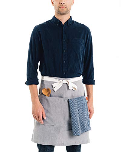 Caldo Linen Bistro Cafe Apron - Professional Grade With Pockets, Half Kitchen Apron, Mid Length 23 X 23, 40 Inch Waist Ties - Durable Unisex Uniform- Server Or Chef (Grey) #TOP2