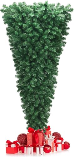 HAPPYGRILL 7ft Upside Down Christmas Tree, Artificial Xmas Tree with 1000 Branch Tips, Metal Stand, Green Inverted PVC Tree for Home Holiday Decoration
