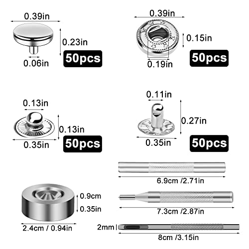 Tlkkue 50 Sets Leather Snap Fasteners Kit 10Mm Silver Metal Snap Buttons Kit Stainless Steel With 4Pcs Snap Fastener Installation Tools For Sewing Clothing, Bracelets, Jackets, Bags Belt, Diy Crafts #TOP1