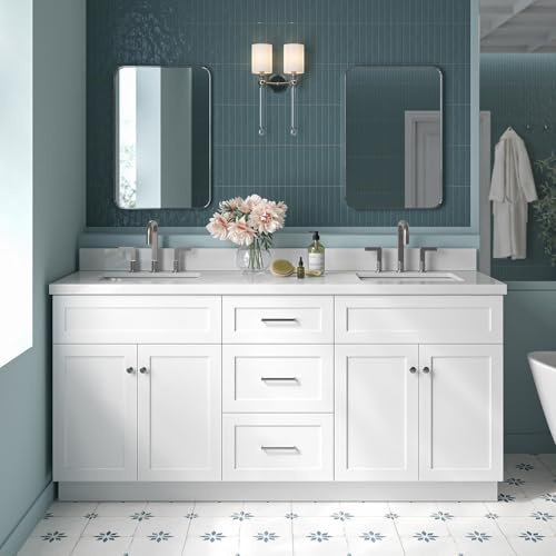 ARIEL Hamlet 72-inch Bathroom Vanity with Sink,Solid Wood, 1.5-inch Pure White Quartz Countertop & Backsplash, Double Rectangular Porcelain Sink, 4 Soft Closing Doors, 3 Dovetail Drawers, White