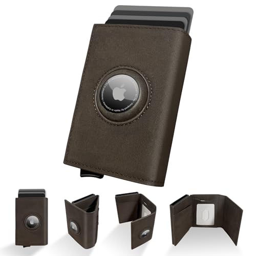 AirTag Wallet Card Holder for Mens, Secure Holder for Apple Air Tag, Pop up Card Case, Premium Genuine Leather, RFID Blocking, Minimalist Smart Slim 9-14 Card Capacity, ID Window, Cash Slot