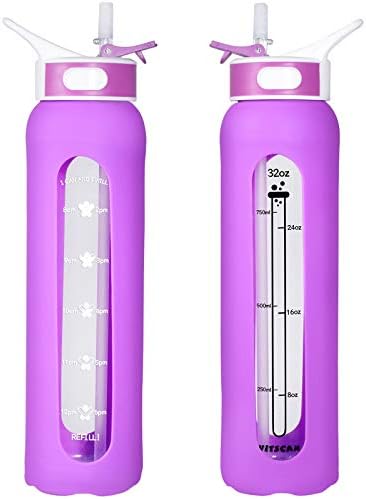 32oz Glass Water Bottle with Purple Silicone Sleeve & Straw, 1 Liter Glass Water Bottle Motivational Time Marker Keep You Drink More Water, Fitness Sports Water Bottles with Big Mouth