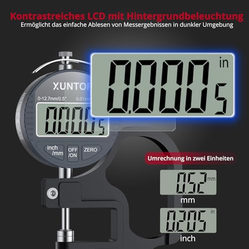 XUNTOP Digitales Dickenmessgerät Messbereich 0-12.7mm Elektronischer Mikrometer Zoll/metrisch elektronischer Prozent-Dickenmessgerät mit präziser LCD-Anzeige