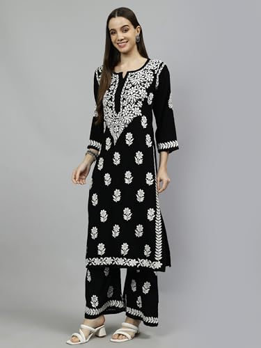 Image of Seva Chikan Hand Embroidered Lucknowi Chikankari Rayon Kurta and Palazzo Set SCL8037