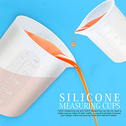 LEOBRO Resin Mixing Cups Silicone Measuring Cups for Epoxy Resin, 250, 100ml Reusable Epoxy Resin Mixing Cups, Silicone Pouring Cup, Thick Hard Stir Stick, Finger Cots, Tweezers for Resin Mixing Resin